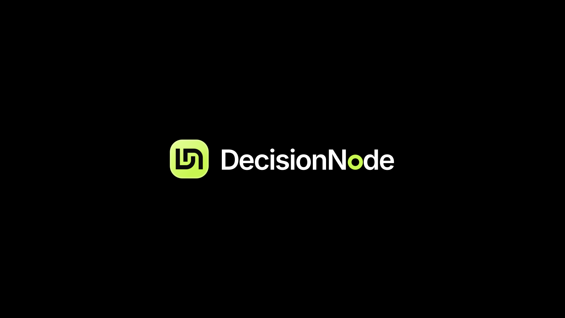 DecisionNode video slate, dark, the lockup centered on a 16:9 frame