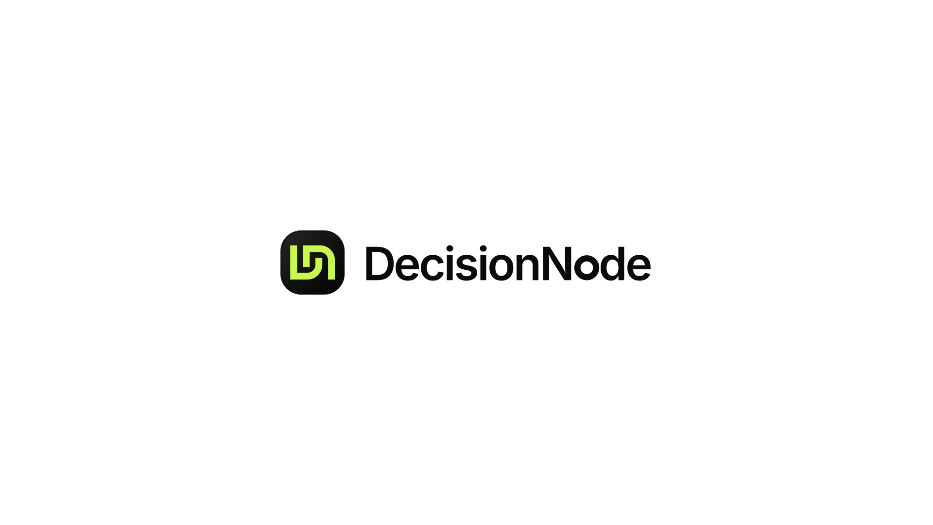 DecisionNode video slate, light, the lockup centered on a 16:9 frame
