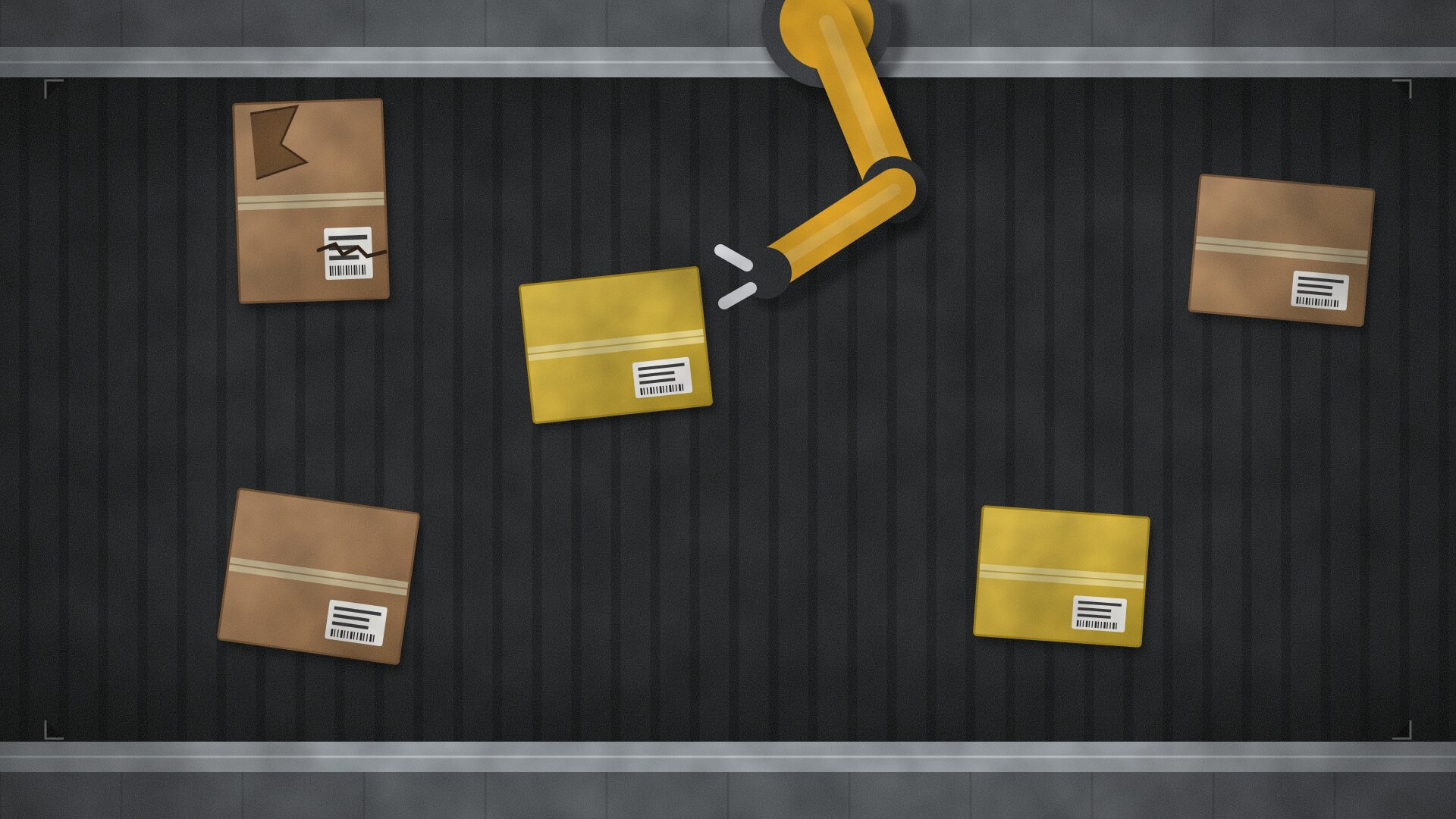 Camera frame from above a conveyor belt: a robot arm reaches over a yellow package, a second yellow package further down, and a brown carton with a torn corner at the top left