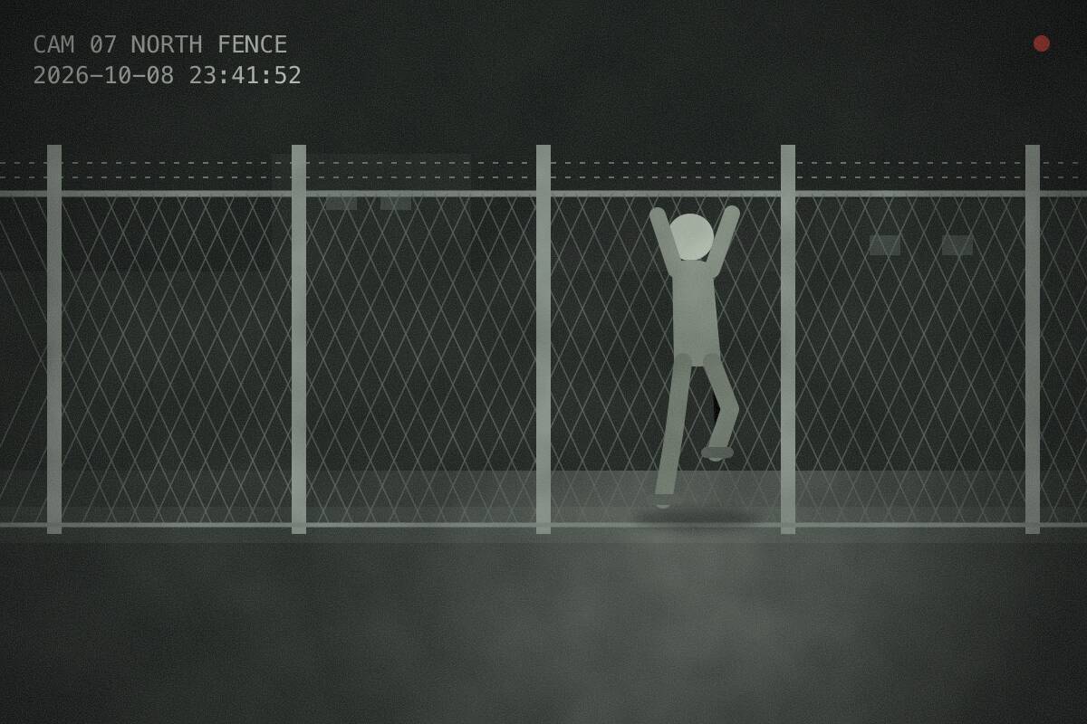 Night infrared camera frame of a chain-link perimeter fence with barbed wire, a person climbing it right of centre, timestamp 23:41