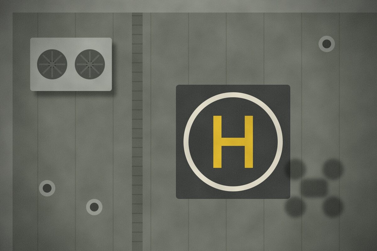 Camera frame looking straight down at a rooftop: an air unit, vents, a cable tray and a dark square landing pad with a ring and a yellow H, the drone's shadow beside it
