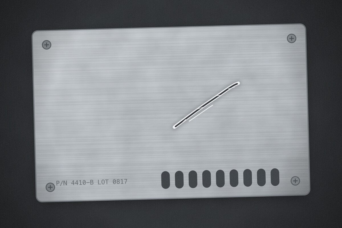 Close camera frame of a brushed aluminium panel with four screws, a vent slot row and a bright diagonal scratch right of centre