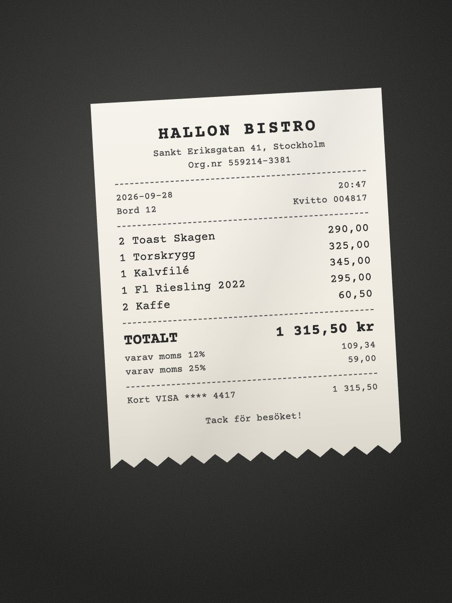 Photo of a paper receipt from Hallon Bistro, Stockholm, dated 2026-09-28: starters, two mains, a bottle of Riesling and coffee, total 1 315,50 kr.